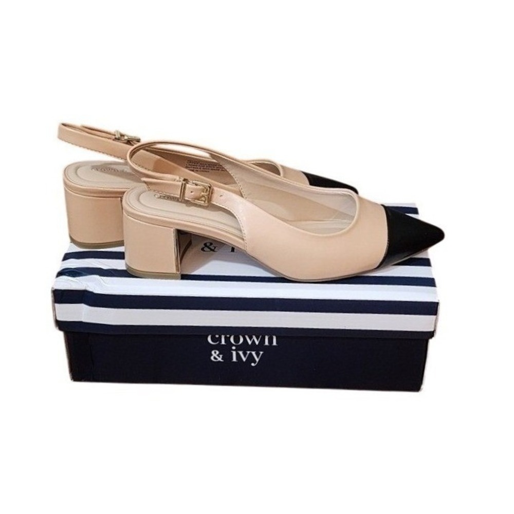 Crown & Ivy Two Tone Pointed Slingback Heels Nude Black Cap Toe Classic 7.5